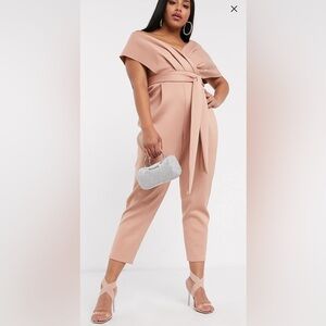 ASOS Design Curve Muted Pink Off Shoulder Jumpsuit